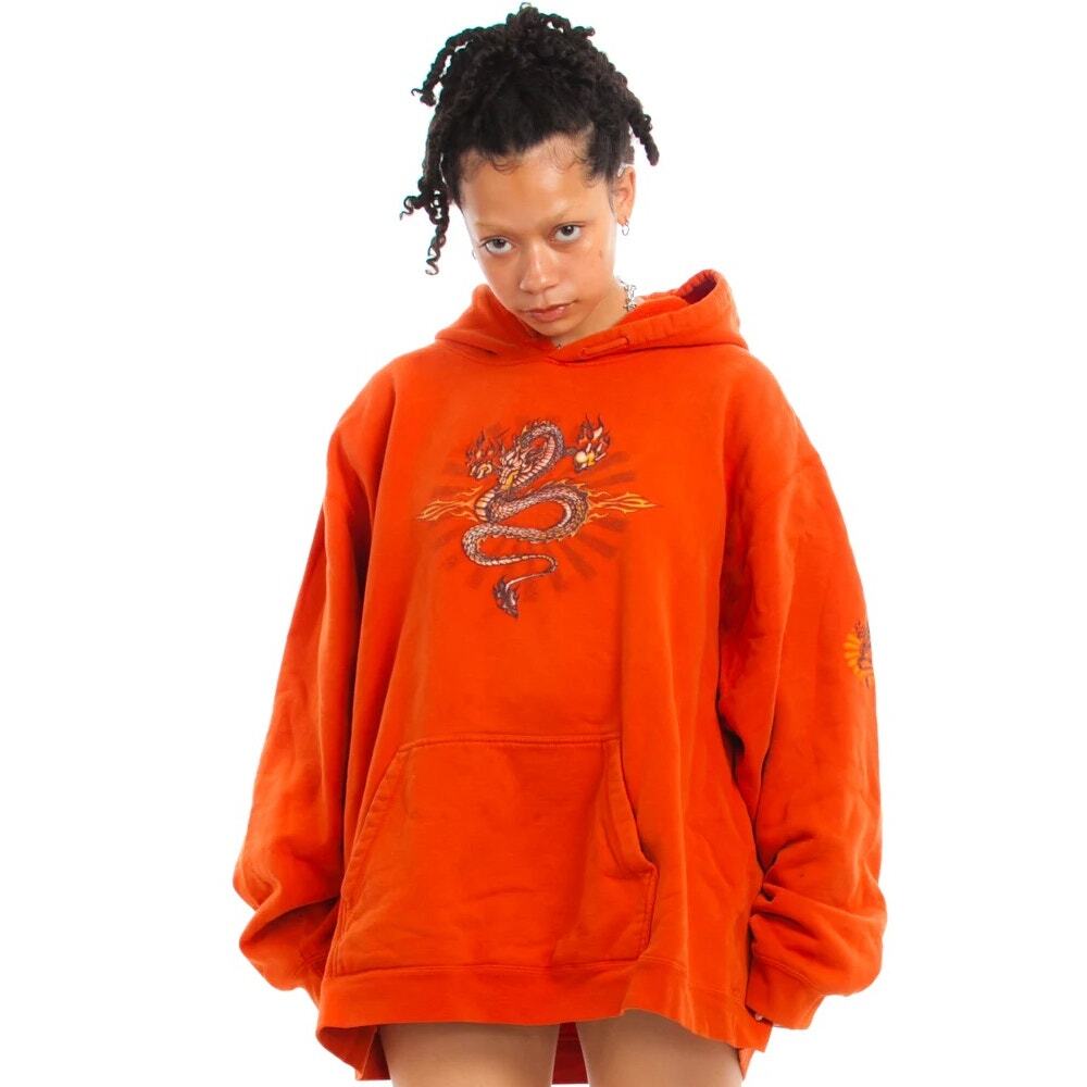 Vintage Y2K Extreme Limit Glitter Dragon Orange Pullover Hoodie Large Unisex